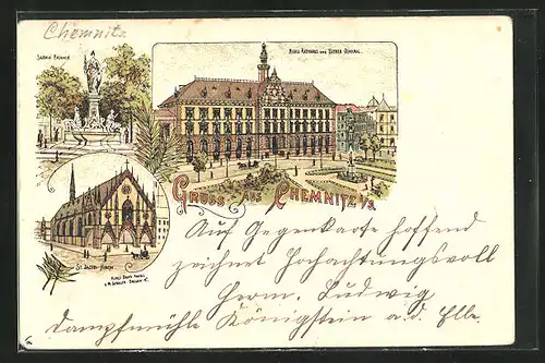 Lithographie Chemnitz / Sachsen, St. Jacobi Kirche, Saxonia-Brunnen, Marktplatz mit neuem Rathaus und Becker-Denkmal