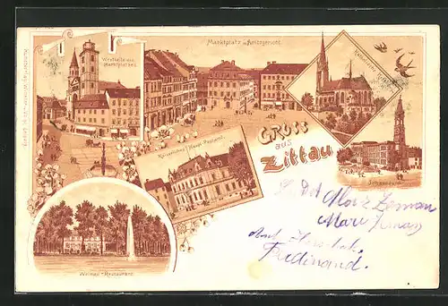 Lithographie Zittau, Restaurant Weinau, Marktplatz mit Amtsgericht, Johanneum