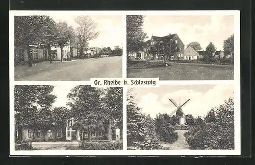 AK Gr. Rheide bei Schleswig, Windmühle, Dorfstrasse, Dorfansicht