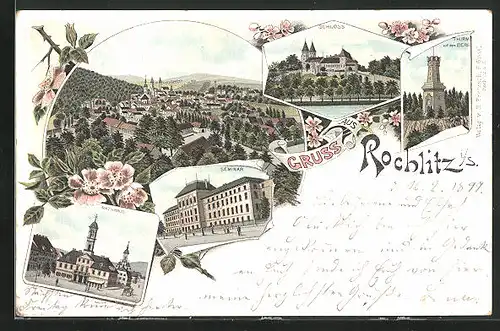 Lithographie Rochlitz / Sachsen, Schloss, Turm auf dem Berg, Seminar mit Passanten