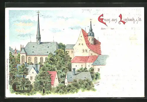 Lithographie Limbach / Sachsen, Totalansicht der Kirche