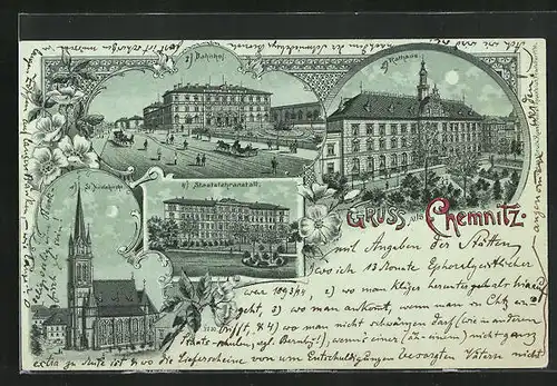 Mondschein-Lithographie Chemnitz / Sachsen, Bahnhof am Vollmond, Staatslehranstalt, St. Nicolaikirche