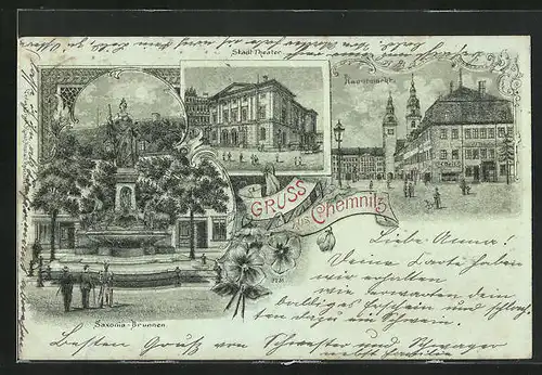 Lithographie Chemnitz / Sachsen, Saxonia-Brunnen, Stadttheater, Hauptmarkt mit Kirche