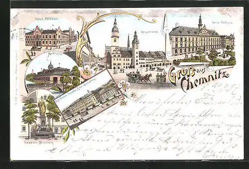 Lithographie Chemnitz / Sachsen, Kgl. Techn. Staats.-Lehr-Anstalten, Hauptmarkt mit Pferdekutsche, Markthalle