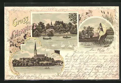 Lithographie Chemnitz / Sachsen, Insel mit Taubenhaus, Scchlossteich, Paar im Boot