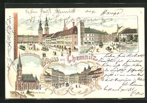 Lithographie Chemnitz / Sachsen, Nicolai-Brücke mit Strassenbahn, Nicolai Kirche, Johannesplatz