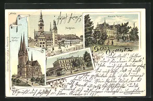 Lithographie Chemnitz / Sachsen, Hotel Carola, Markuskirche, Bahnhof mit Strassenbahn