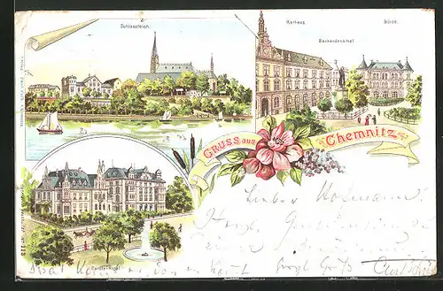 Lithographie Chemnitz / Sachsen, Hotel Carola mit Wasserfontaine, Beckerdenkmal mit Rathaus und Börse, Schlossteich