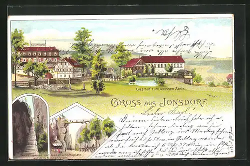 Lithographie Jonsdorf, Gasthof Zum weissen Stein, Felsengasse mit Gesellschaftsplatz auf dem Nonnenfelsen