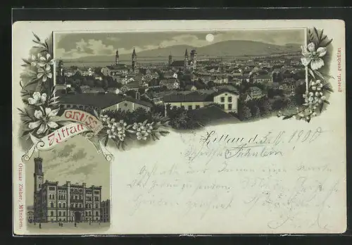 Mondschein-Lithographie Zittau, Rathaus bei Vollmond, Gesamtansicht