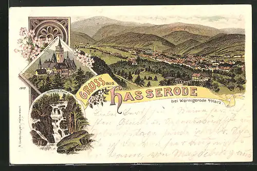 Lithographie Hasserode / Harz, Schloss Wernigerode aus der Vogelschau, Steinere Renne, Gesamtansicht