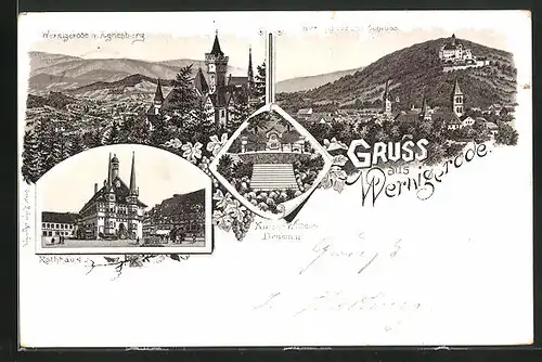 Lithographie Wernigerode / Harz, Rathaus mit Brunnen, Kaiser Wilhelm-Denkmal, Ortsansicht v. Agnesberg