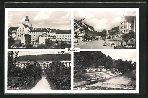 AK Dachau, Stadtplatz, Schloss und Amperwehr