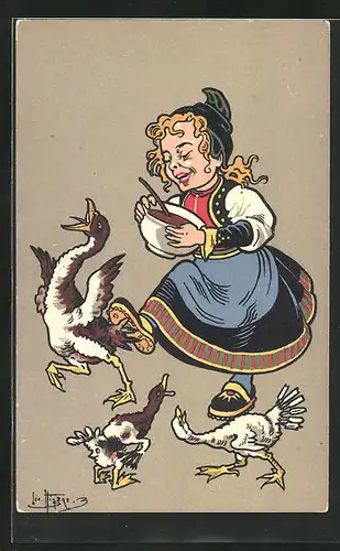 Künstler-AK sign. Hingre: Frau füttert die Gänse