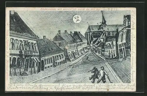 Künstler-AK Hadersleben, Strassenpartie mit Betrunkenen