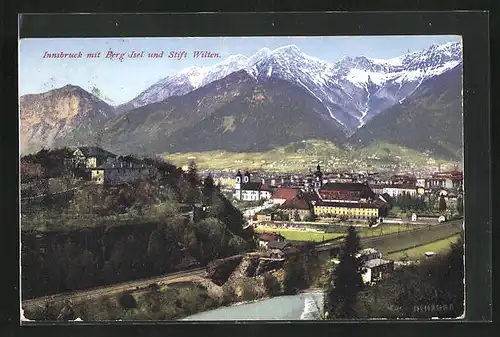 AK Innsbruck, Ortsansicht mit Berg Isel und Stift Wilten