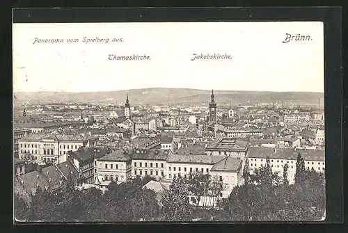 AK Brünn / Brno, Panorama vom Spielberg aus mit Thomaskirche und Jakobskirche