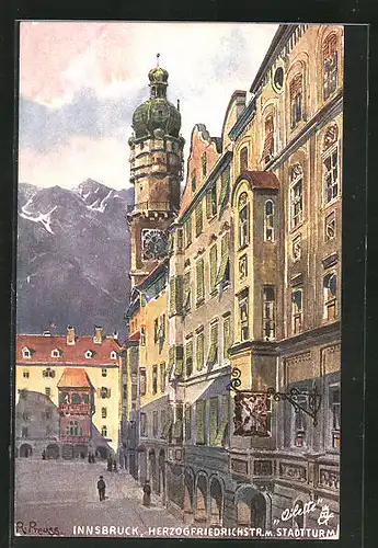 Künstler-AK Innsbruck, Herzogfriedrichstrasse mit Stadtturm