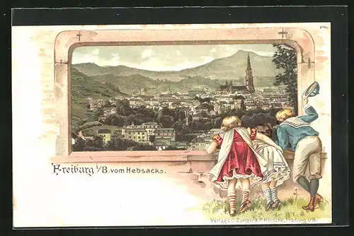 Passepartout-Lithographie Freiburg / Breisgau, Totalansicht mit Münster vom Hebesack aus