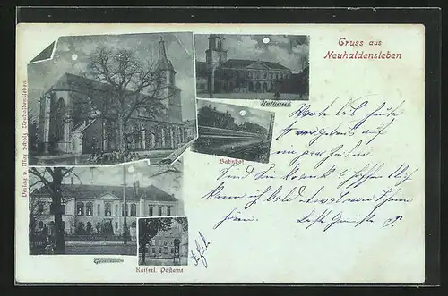 Mondschein-AK Neuhaldensleben, Bahnhof, Kaiserl. Postamt, Gymnasium
