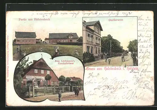 AK Halstenbek / Holstein, Aug. Lüdemann`s Geschäftshaus, Dorfstrasse, Ortspartie
