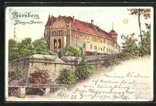 Lithographie Nürnberg, Burg von Westen, Halt gegen das Licht: Nacht erscheint