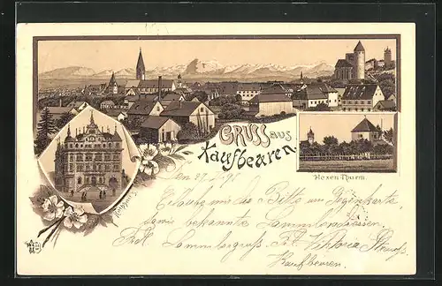 Lithographie Kaufbeuren, Hexenturm, Rathaus, Gesamtansicht