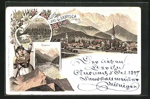 Lithographie Garmisch, Teilansicht, Badersee, Rissersee