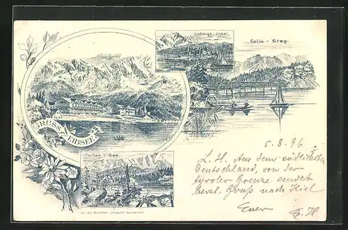 Lithographie Eibsee, Frillen-See, Ludwigs-Insel, Felix-Steg
