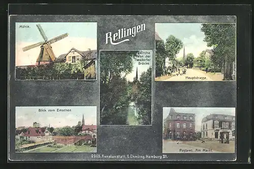 AK Rellingen, Postamt am Markt, Mühle, Blick vom Emschen