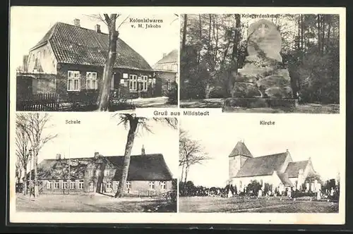 AK Mildstedt, Kolonialwaren v. M. Jakobs, Kriegerdenkmal, Schule