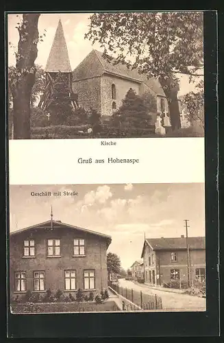 AK Hohenaspe, Geschäft mit Strasse, Kirche