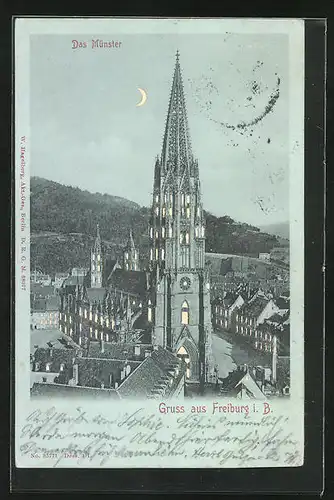 Mondschein-AK Freiburg i. B., Das Münster, Halt gegen das Licht: beleuchtete Fenster