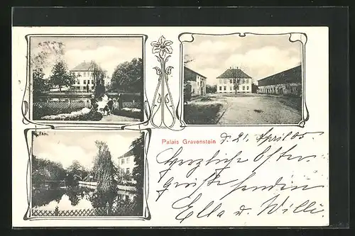 AK Gravenstein, Palais Gravenstein mit Teichbrunnen und Garten