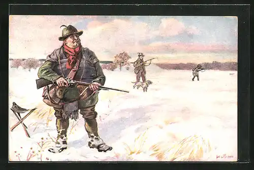 Künstler-AK Jäger mit Gewehr im Winter