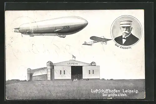 AK Leipzig, Luftschiffhafen, Luftschiffhalle mit Luftschiff Sachsen und Flugzeug, Portrait von Graf Zeppelin