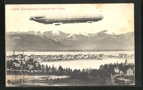 AK Lindau, Graf Zeppelin`s Luftschiff über der Stadt