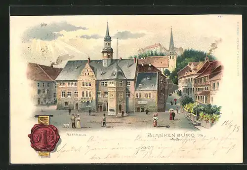 Lithographie Blankenburg / Harz, Partie am Rathaus