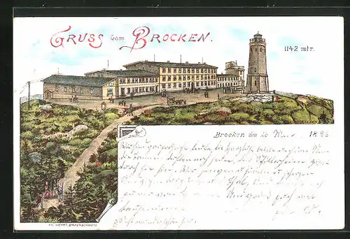 Lithographie Brocken, Brockenhaus mit Aussichtsturm