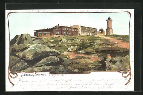 Lithographie Brocken, Aussichtsturm am Brockenhaus