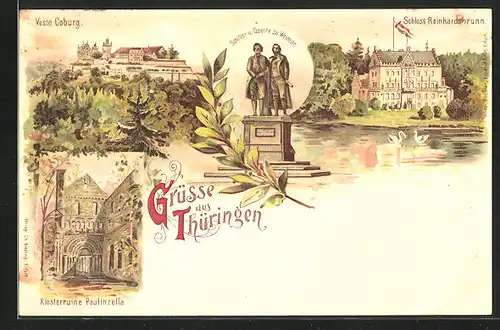 Lithographie Coburg, Veste Coburg, Klosterruine Paulinzella, Schloss Reinhardsbrunn, Schiller & Goethe-Denkmal