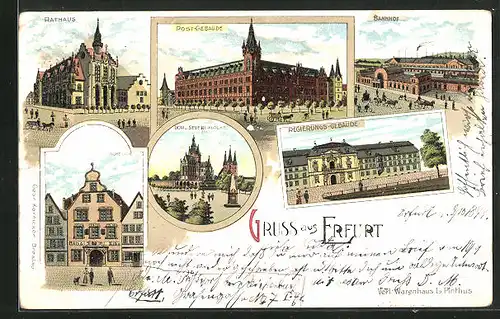 Lithographie Erfurt, Bahnhof, Rathaus, Postamt, Hohe Lilie