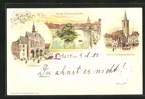 Lithographie Erfurt, Rathaus, Schlösserbrücke, ehemalige St. Aegidienkirche