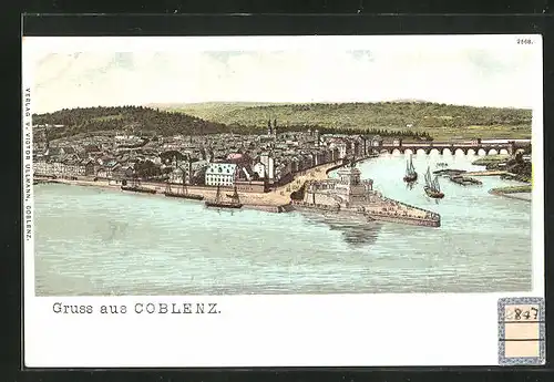 Lithographie Coblenz, Panorama mit Denkmal am Rheinufer