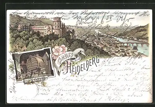 Lithographie Heidelberg, Stadt-Panorama mit Schloss