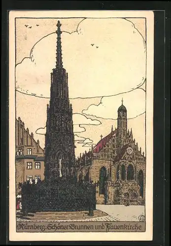 Steindruck-AK Nürnberg, Schöner Brunnen und Frauenkirche