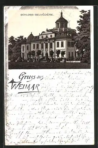 Lithographie Weimar, Schloss Belvédère in der Abenddämmerung