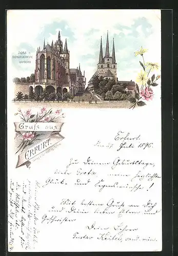 Lithographie Erfurt, Dom und Severikirche von der Ostseite aus gesehen