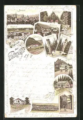 Lithographie Oberhof /Thüringen, Ortsansicht, Elgersburg und Schneekopf