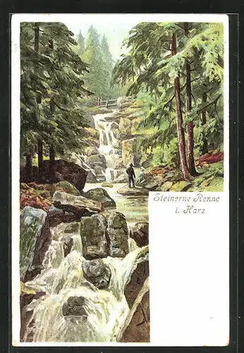 Lithographie Hasserode /Harz, Steinerne Renne mit Wanderer